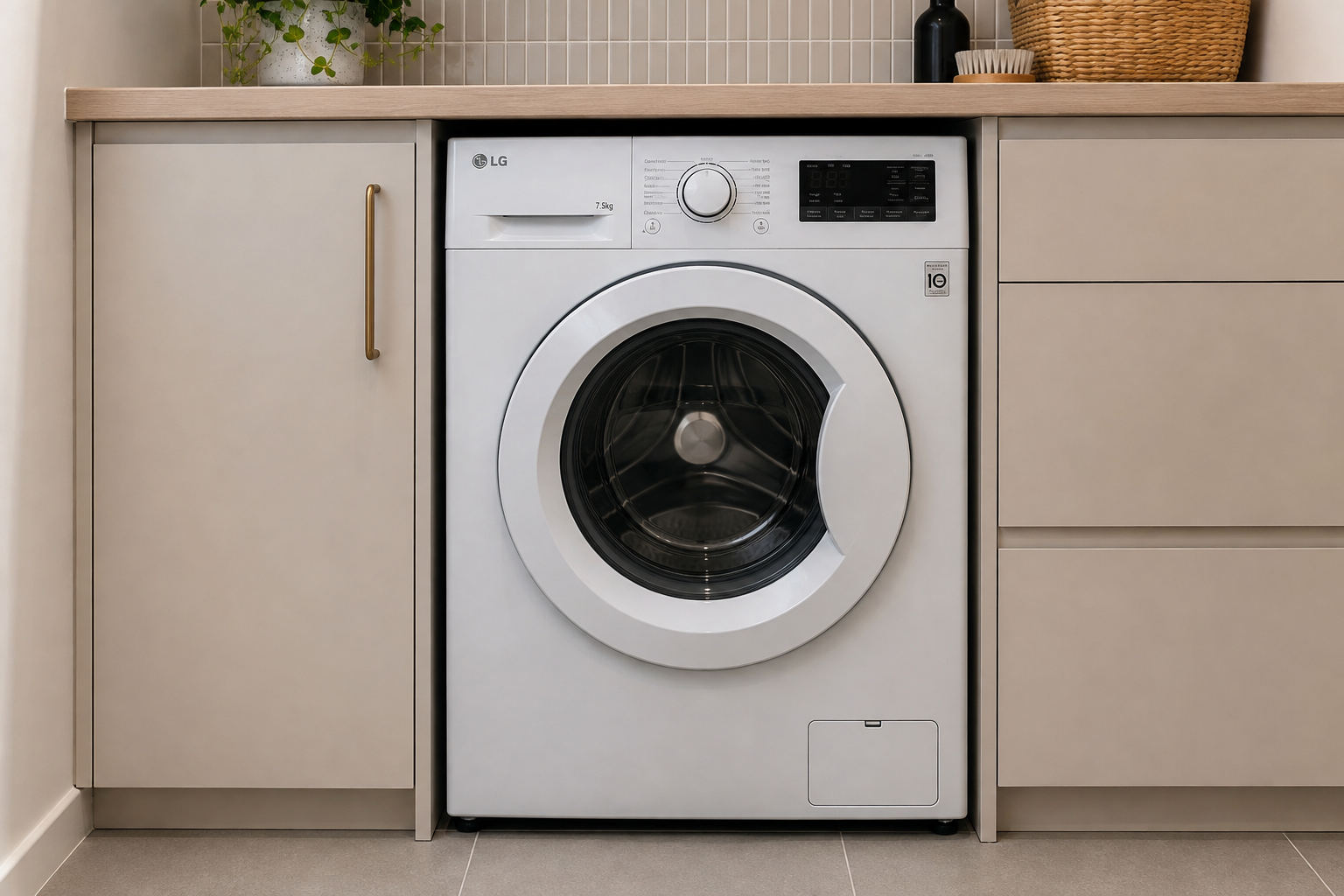 Modern Beige Laundry Room with LG Washer