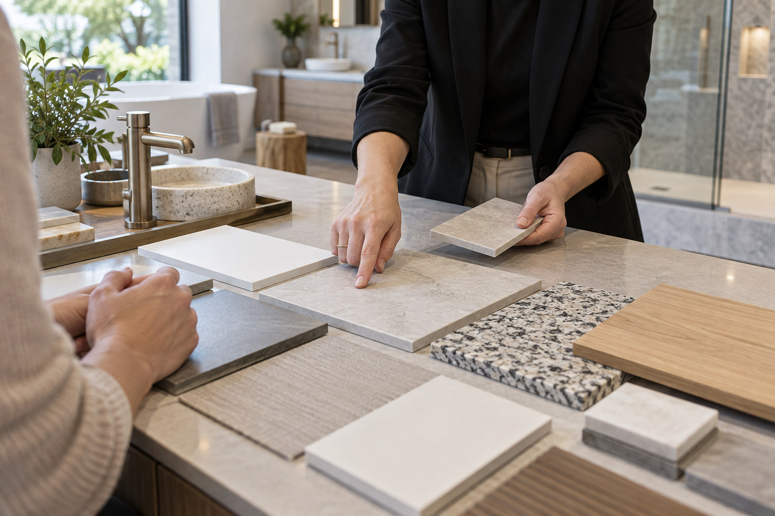 Porcelain, stone and timber benchtop samples presented to a homeowner