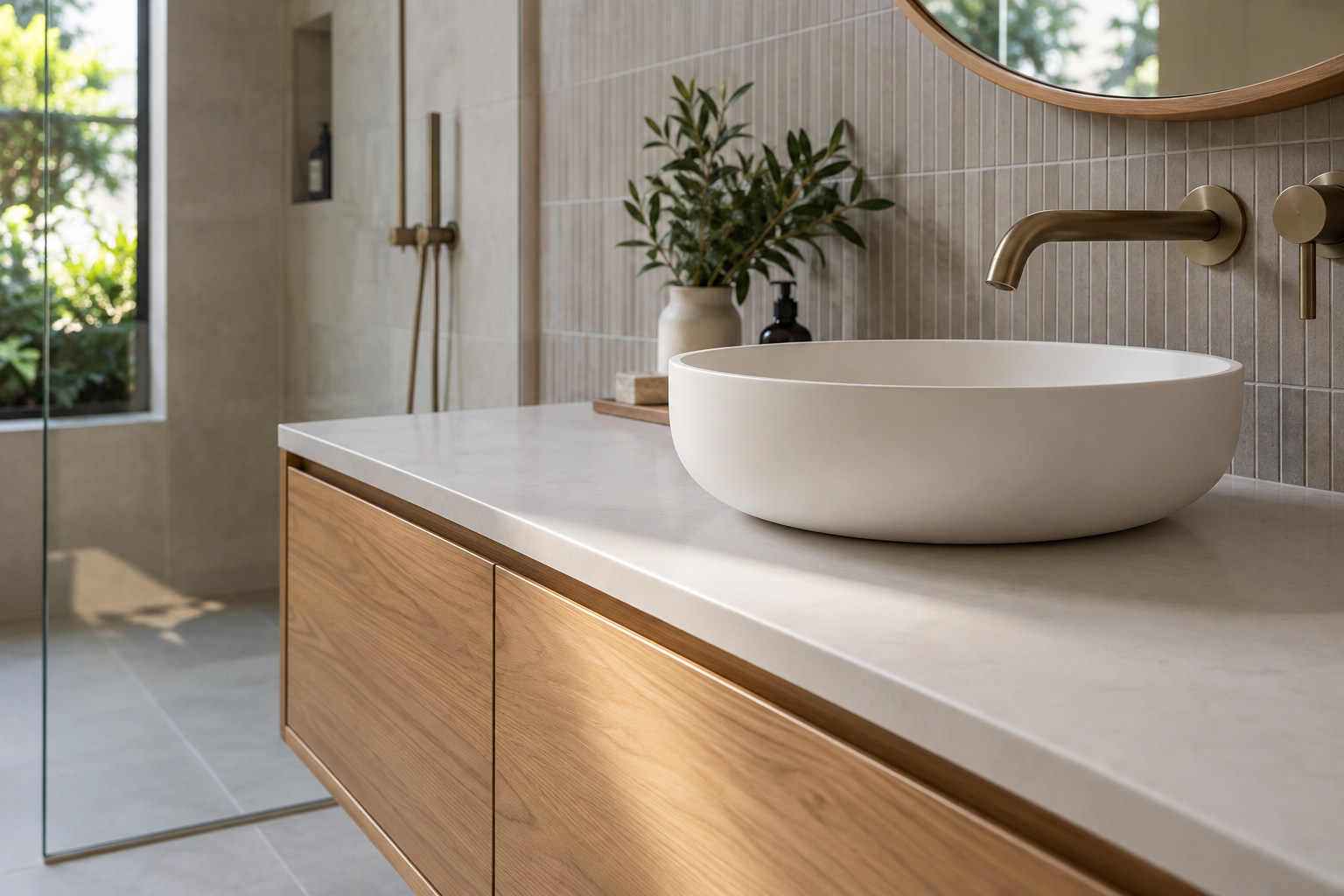 White vessel basin on a pale vanity top over timber cabinetry
