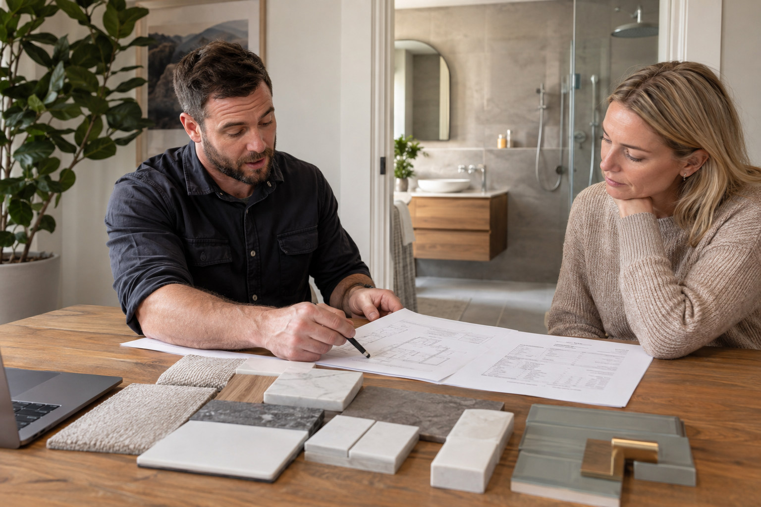 Renovator explaining drawings and material choices to a homeowner