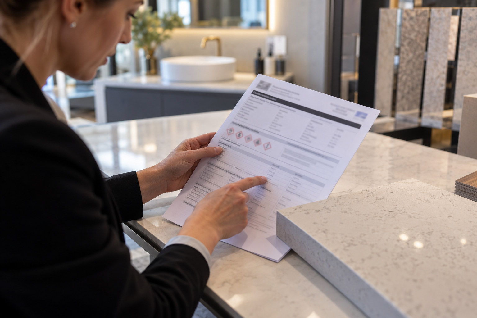 Consultant reviewing a product document beside a pale benchtop sample