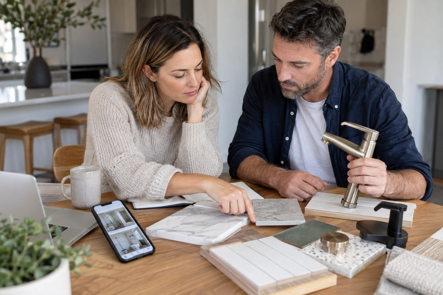 Homeowners comparing bathroom tile and tapware samples at a table