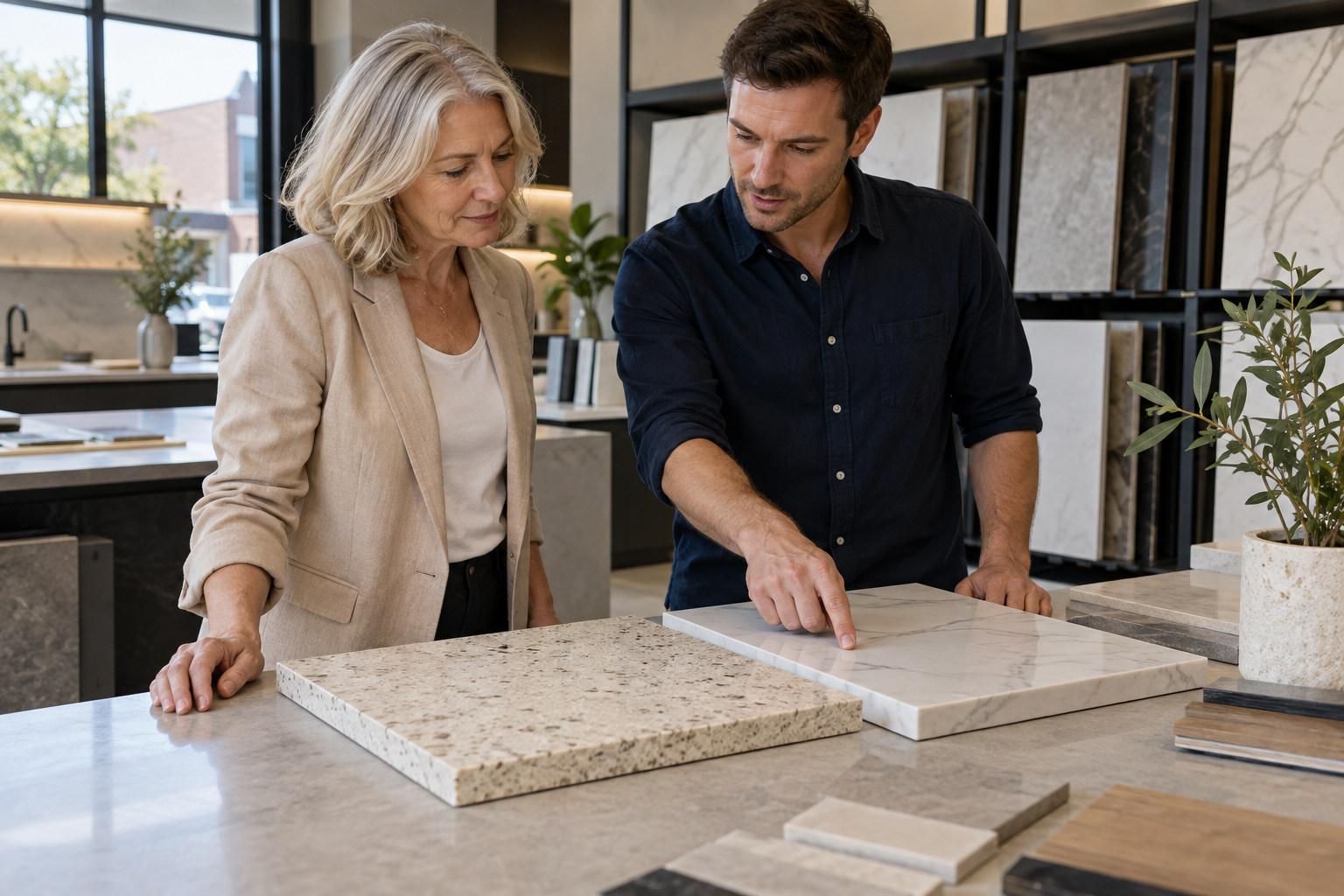 Renovation consultants examining benchtop samples at a showroom table