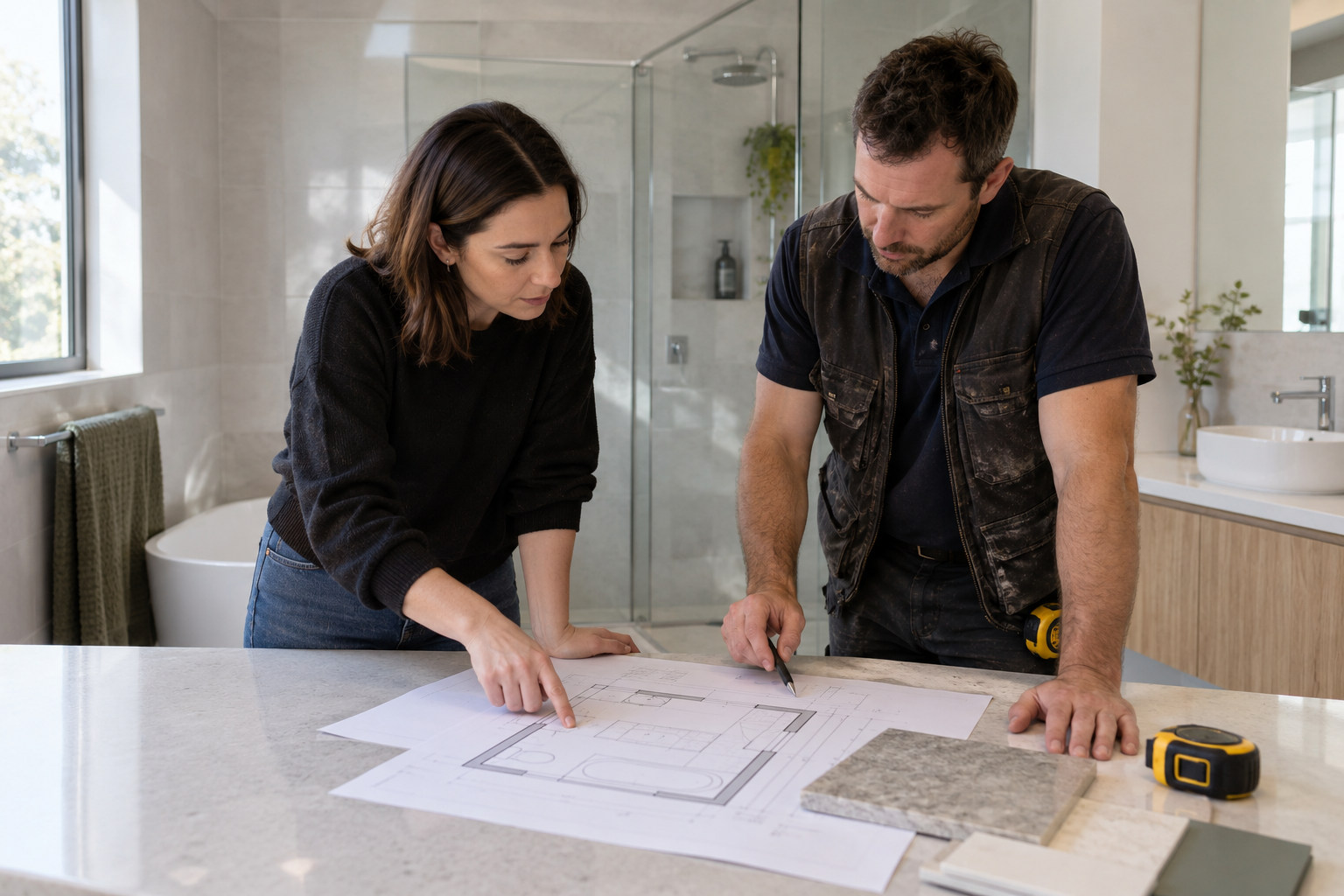 Designer and renovator discussing bathroom drawings before demolition