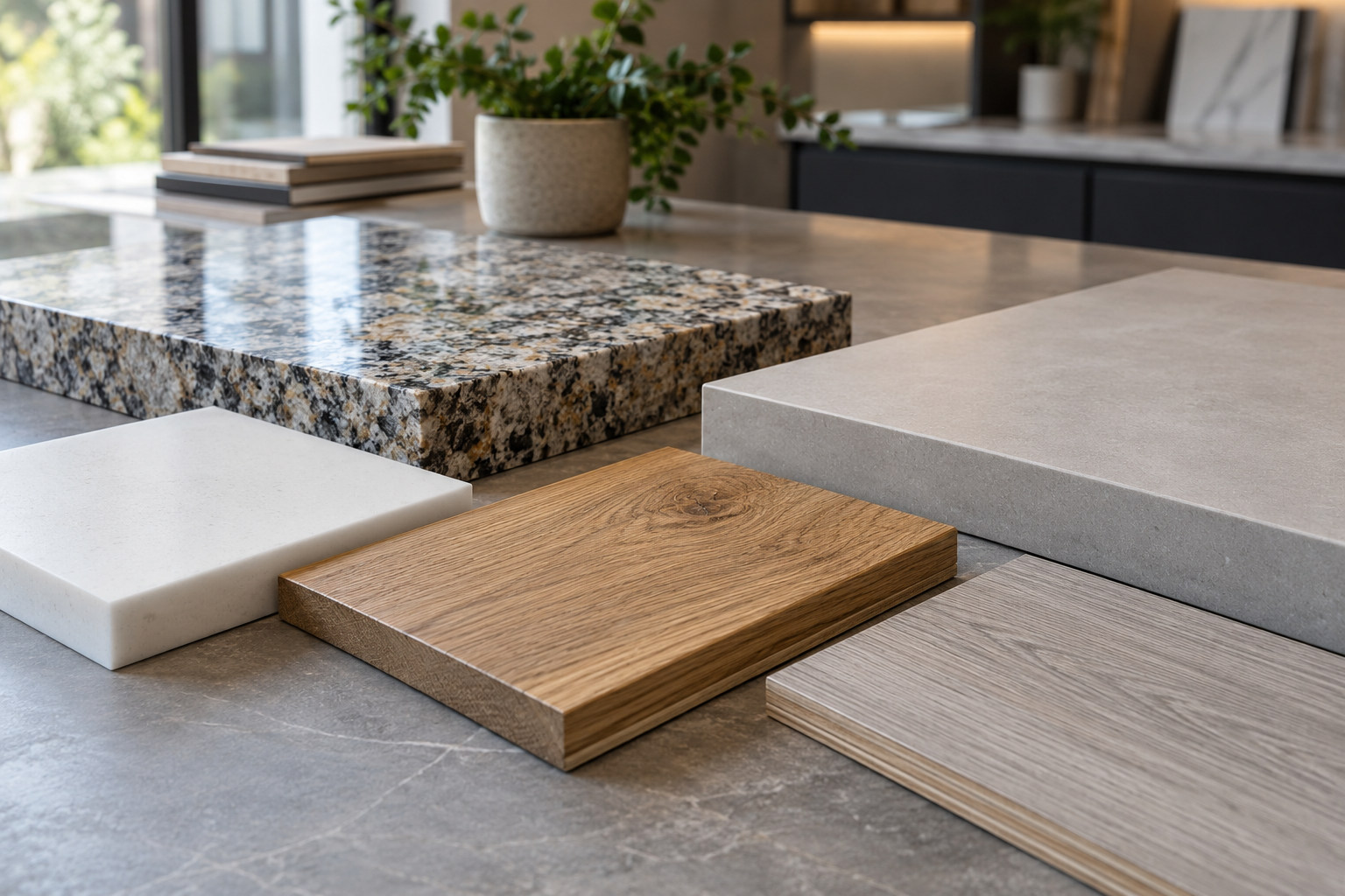 Stone, pale solid surface and timber benchtop samples on a table