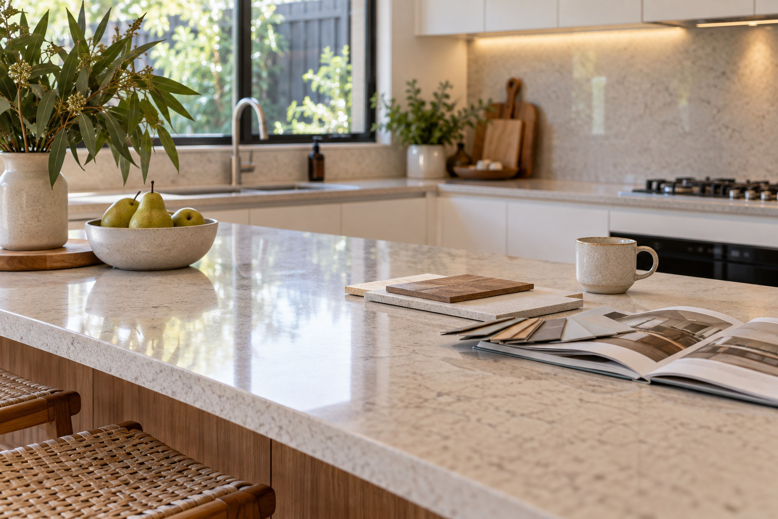 Intact polished kitchen benchtop in a lived-in home