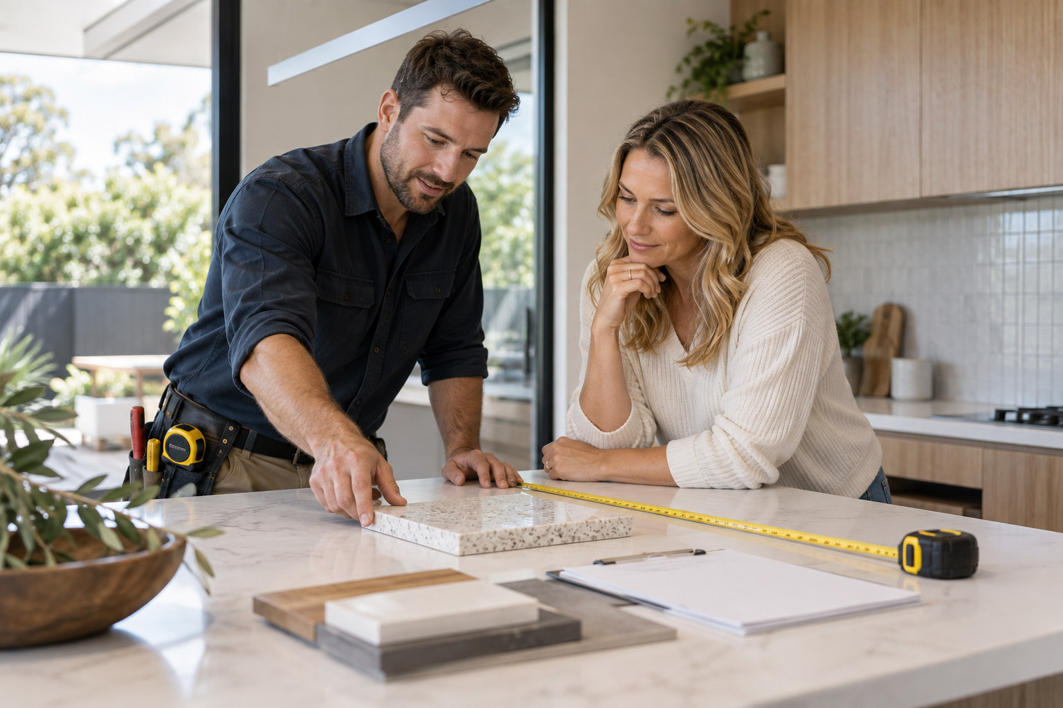 Renovator measuring a kitchen bench while consulting a homeowner