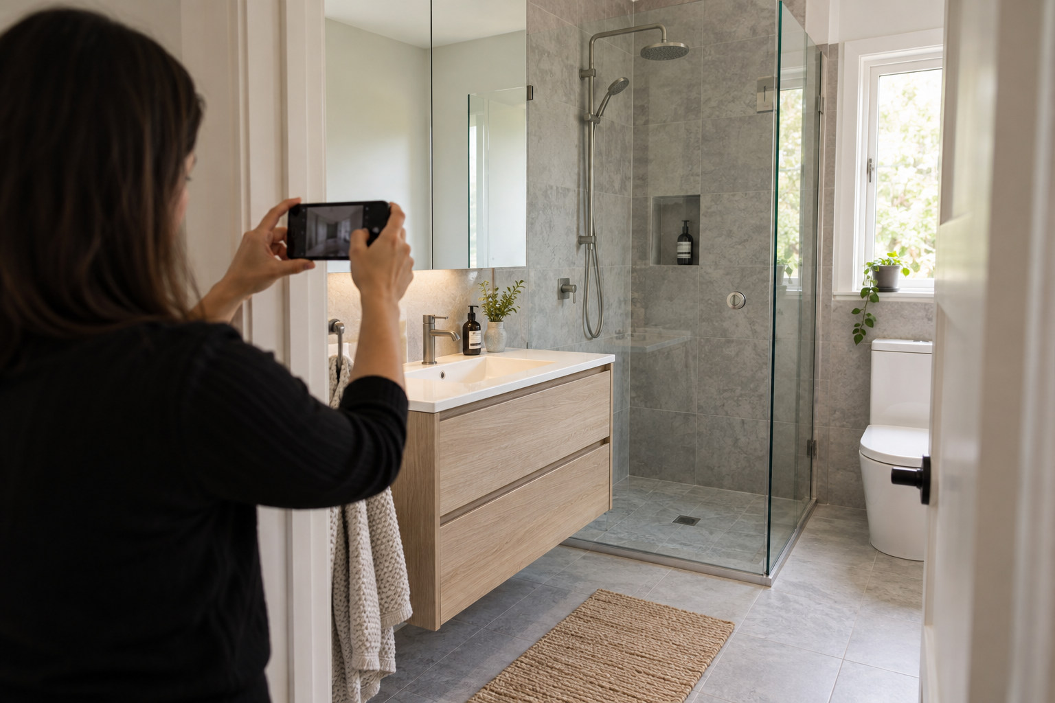 Homeowner photographing the existing bathroom from the doorway