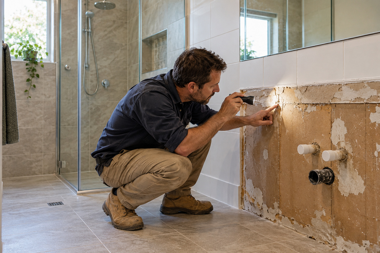 Renovation professional inspects the exposed wall after vanity removal while the surrounding bathroom remains intact.