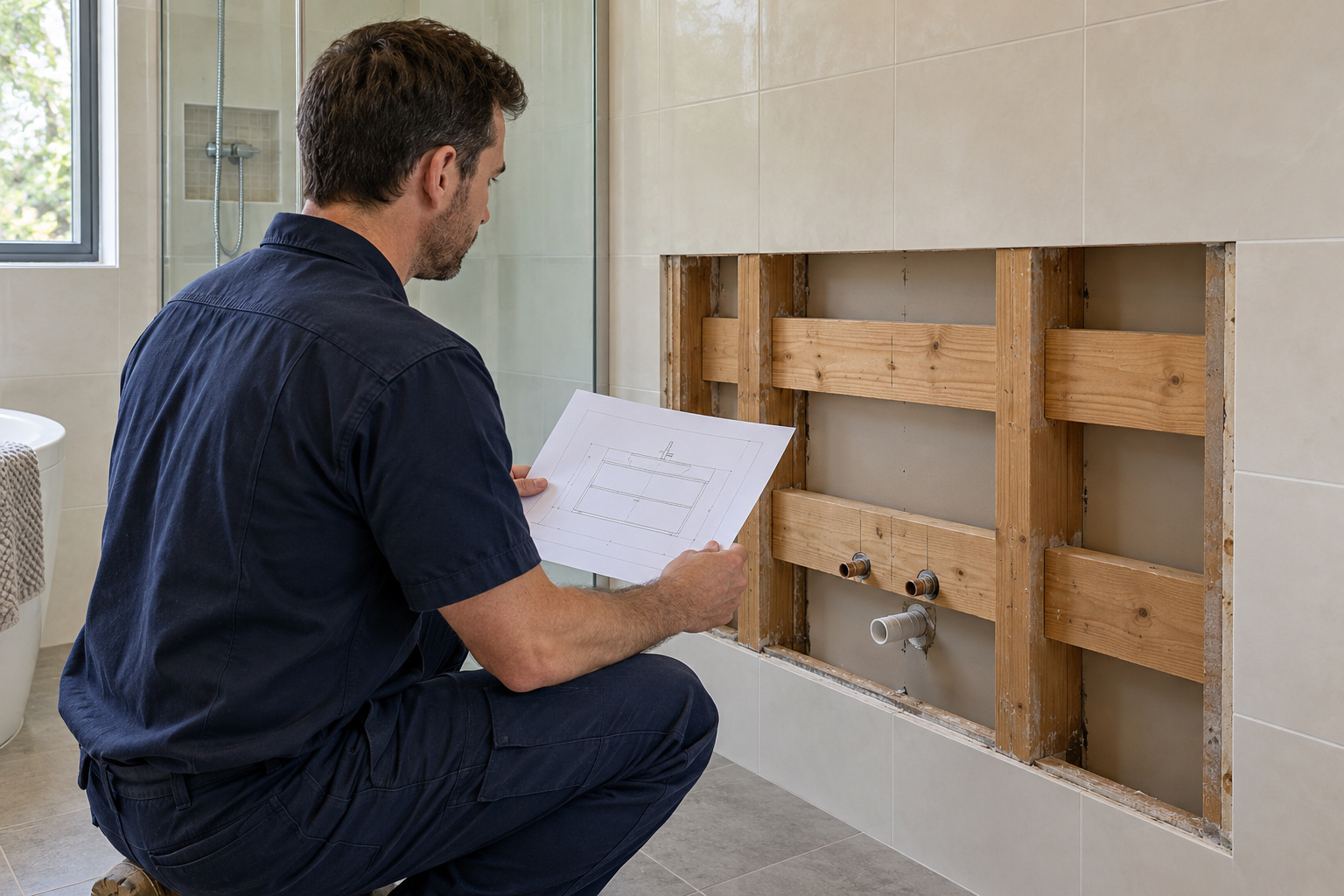 Installer compares a vanity drawing with exposed wall studs and horizontal timber supports.