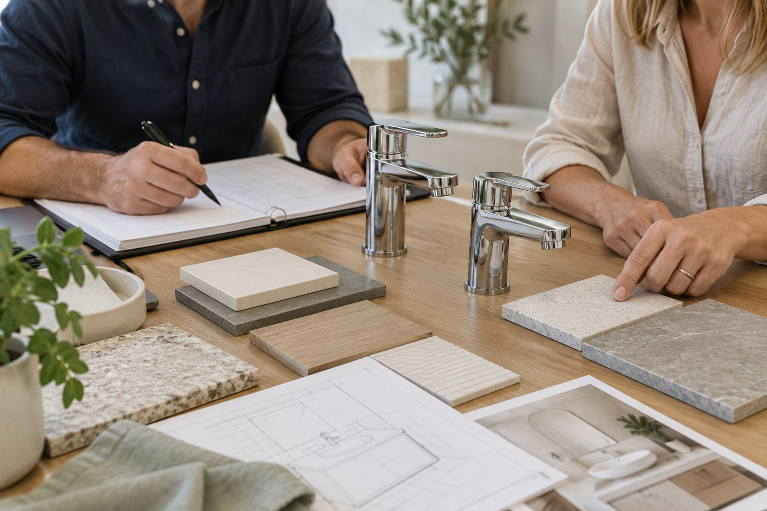 Homeowner and consultant compare tile and mixer samples beside renovation paperwork.