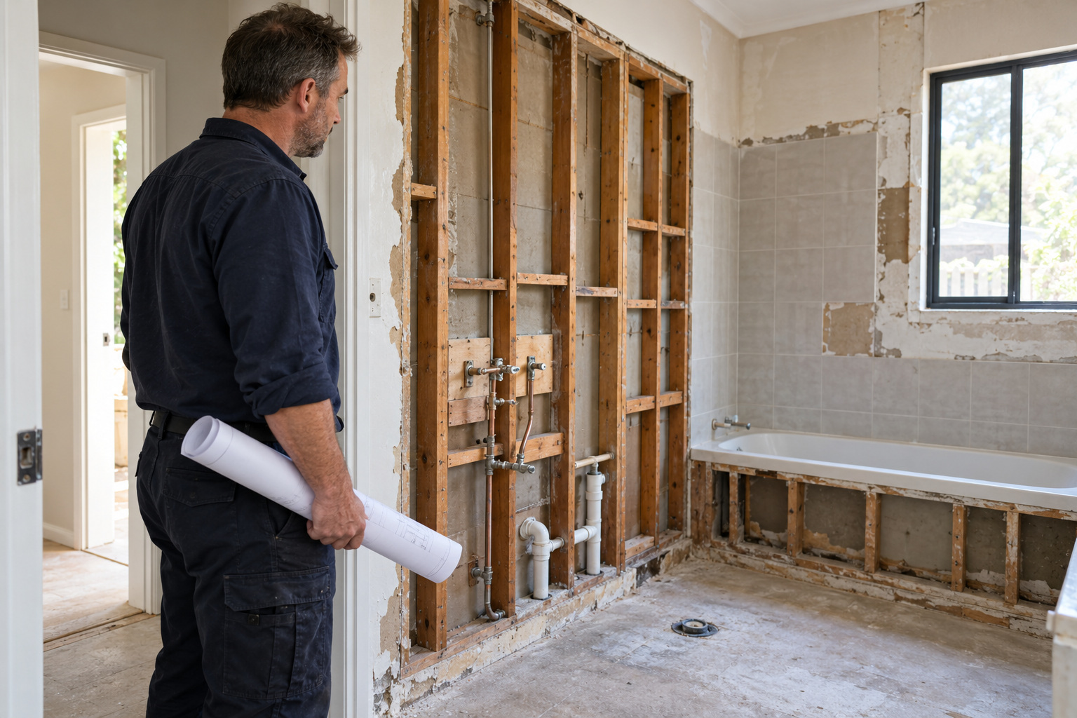 Renovation supervisor surveys a stripped bathroom with exposed framing and plumbing while holding plans.