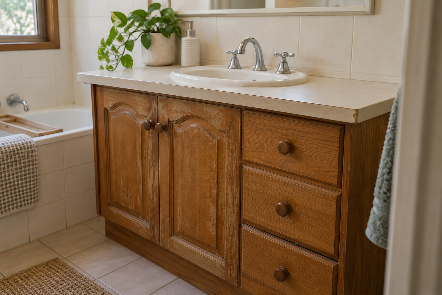 Older timber vanity with worn door finishes and a chipped benchtop corner beside intact cream tiles.