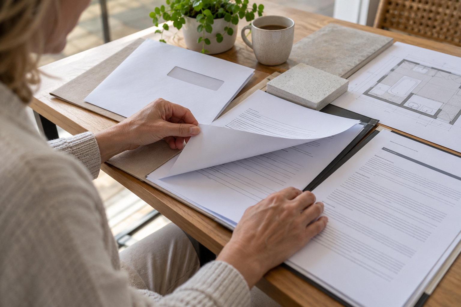 Homeowner reviews separate renovation documents beside an envelope, tile sample and bathroom plan.