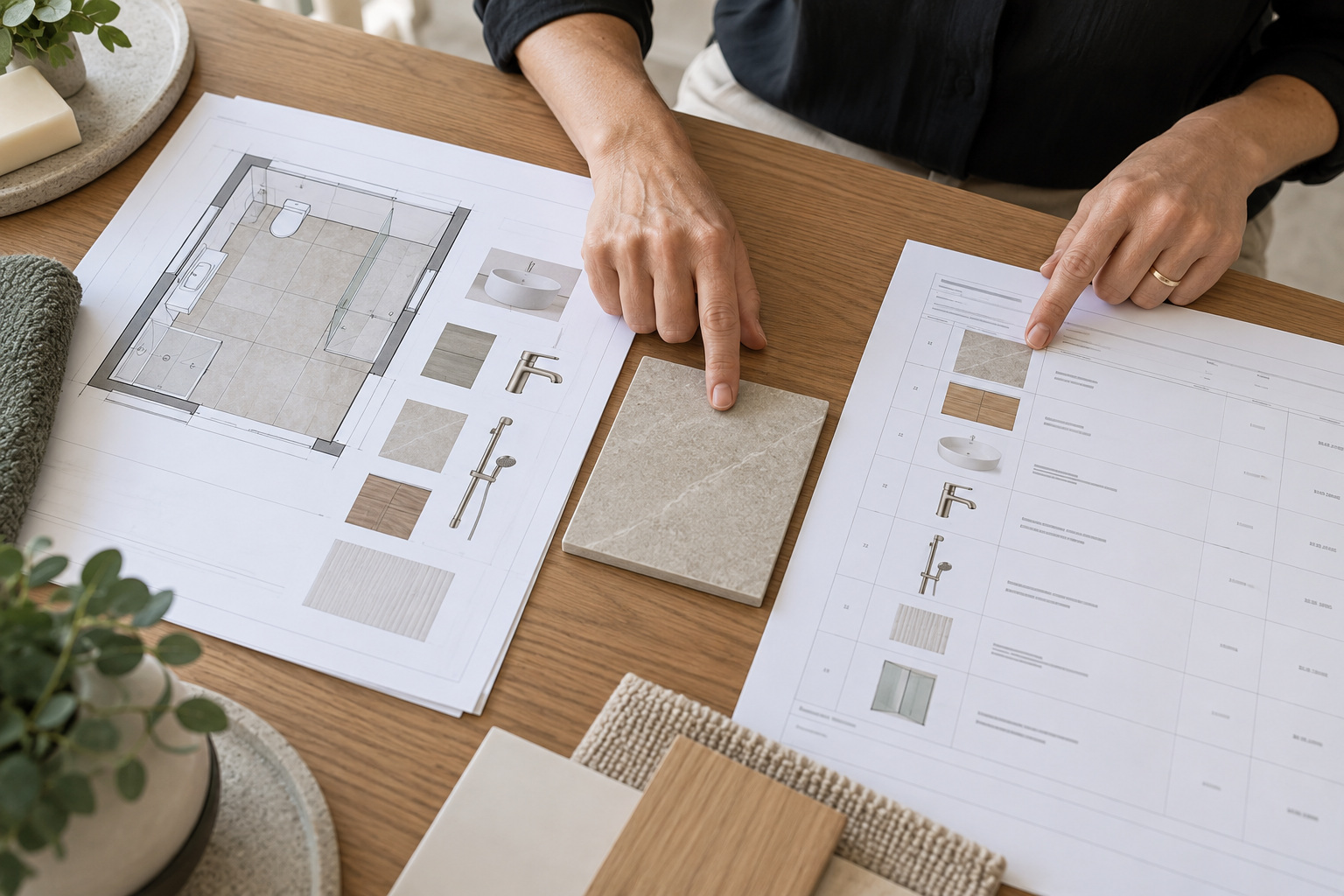 Hands compare a bathroom plan and fixture selection sheet with a matching tile sample.