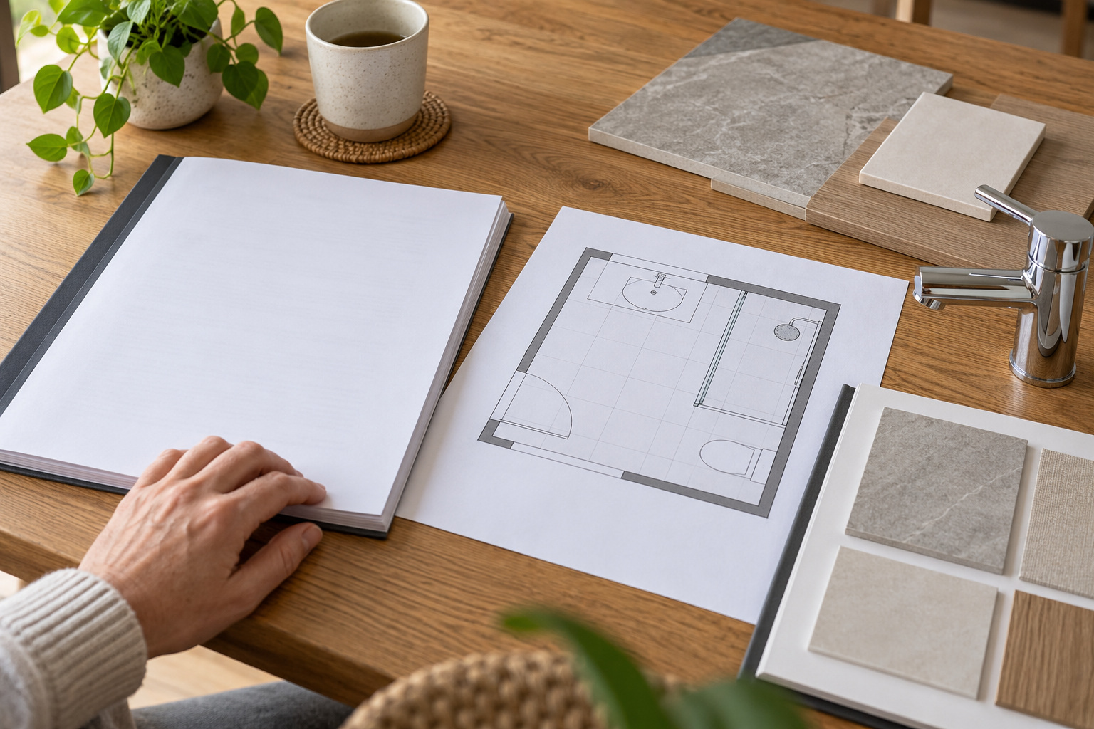 Bathroom floor plan, paper folders, tile samples and a chrome mixer laid out together on a timber table.