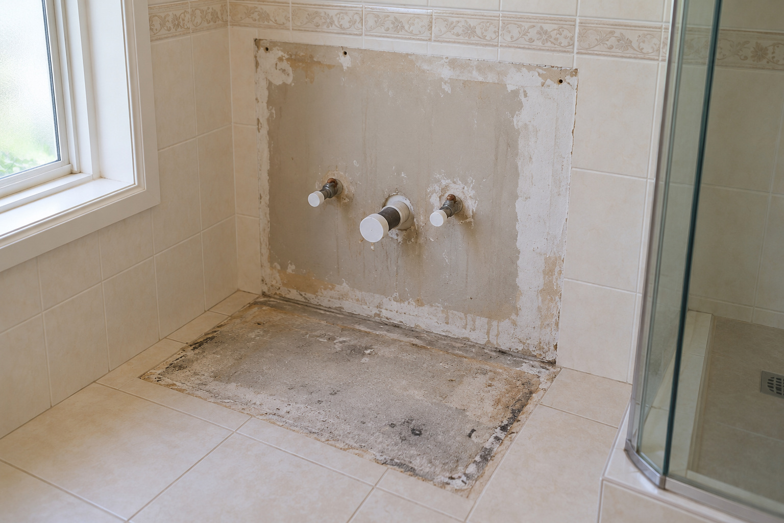 Unfinished wall and floor footprint exposed after vanity removal, with capped plumbing outlets.